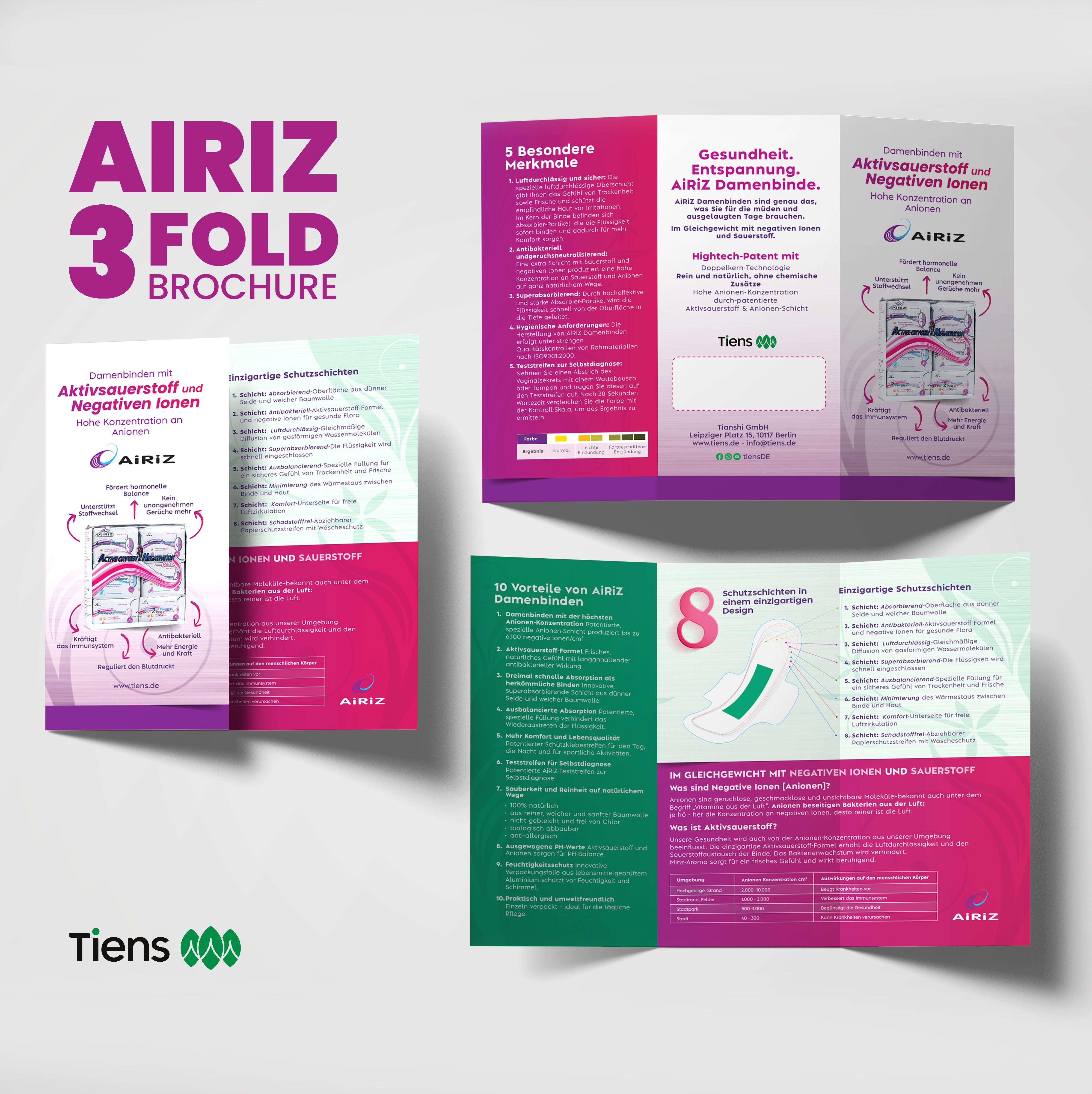 Airiz sanitary napkin leaflet, folded to DIN long, vertical letter fold, 6-sided high-quality print