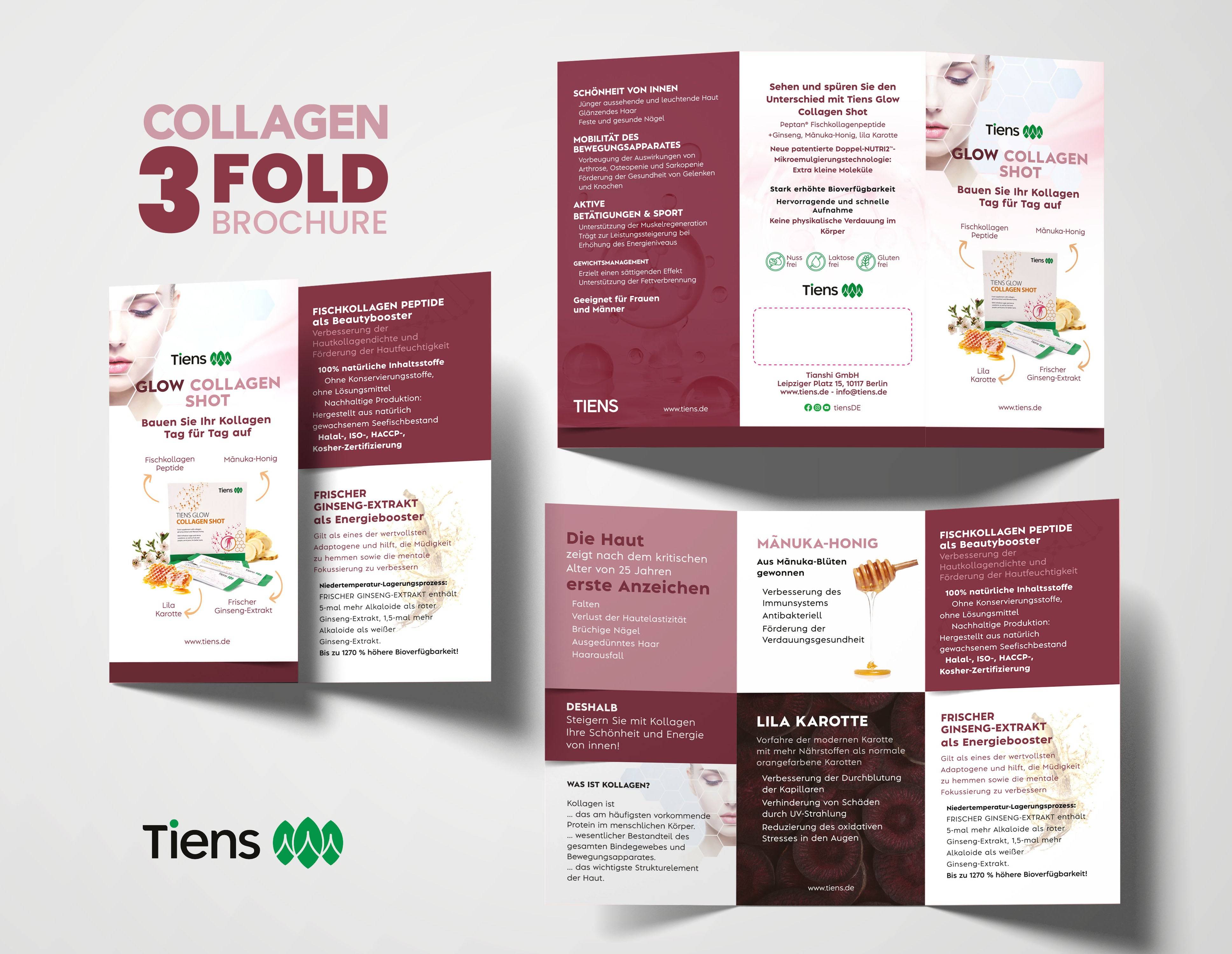 Collagen Shot- Faltblatt, gefalzt auf DIN lang, vertikaler Wickelfalz, 6-seitig hochwertiger Qualitätsdruck - gewofit